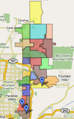 Scottsdale Real Estate Map with subdivisions and neighborhoods.